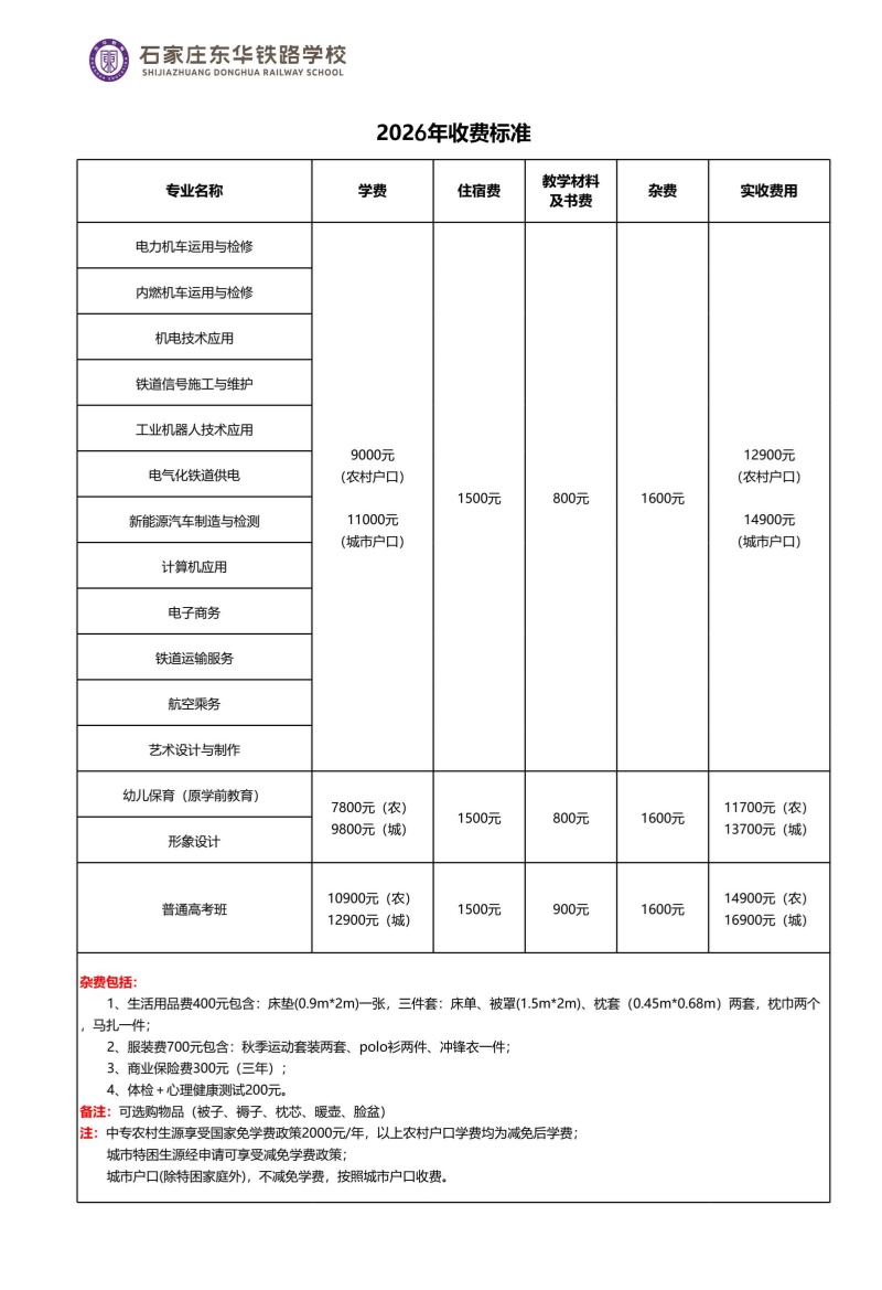石家莊東華鐵路學(xué)校2026年秋季招生學(xué)費多少錢？有資助政策嗎？